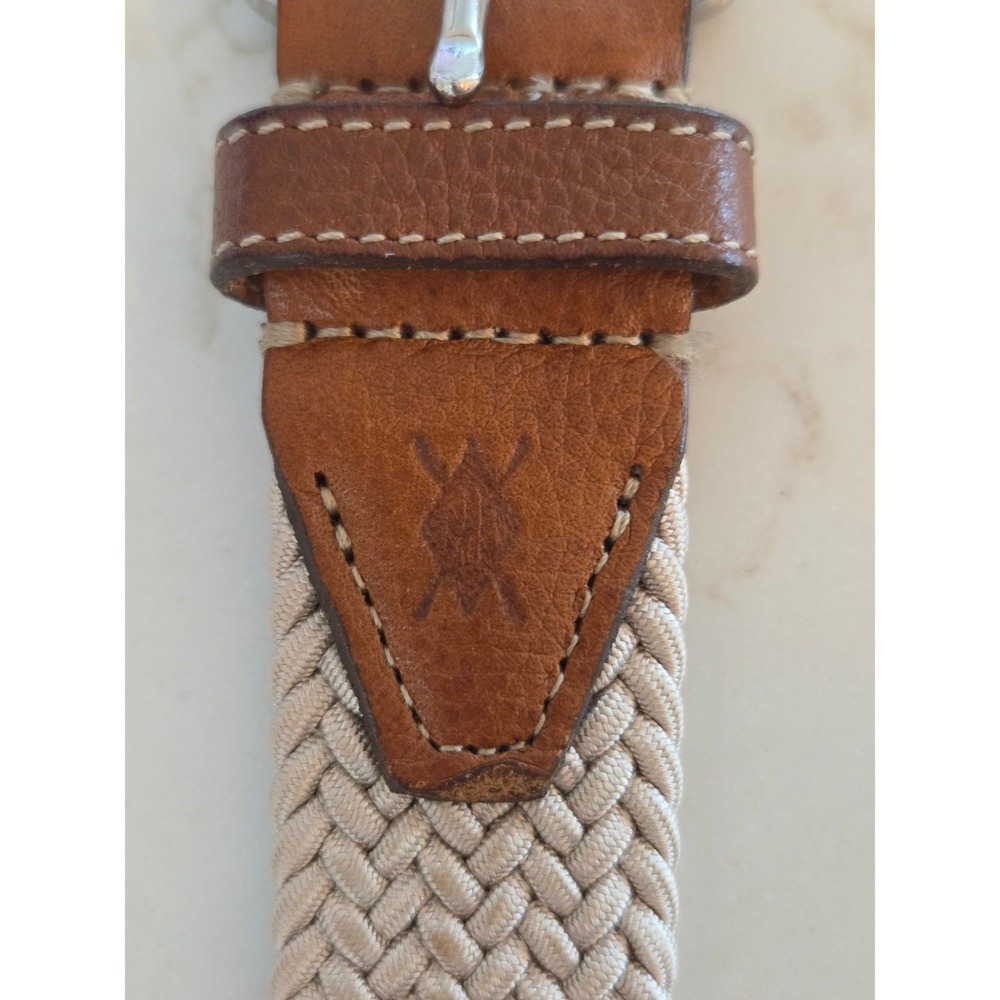 Martin Dingman Braided Stretch Belt 34 Beige Tan Leather Woven Elastic EUC - Picture 2 of 7